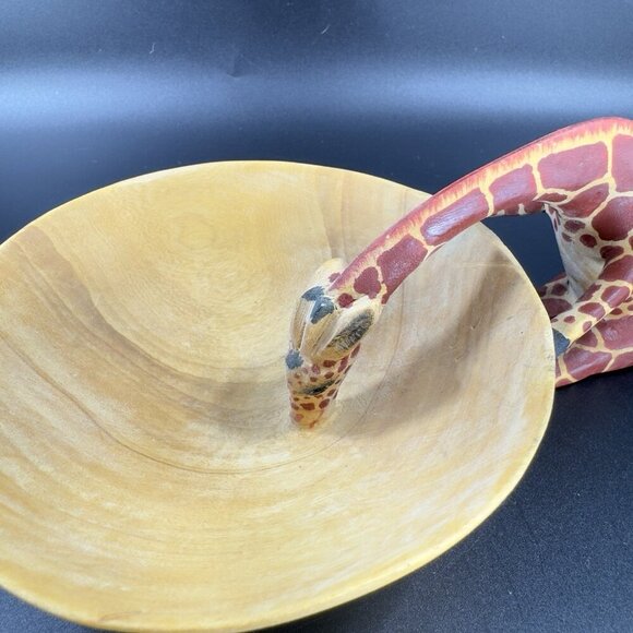 Vintage Carved Giraffe Wooden Decorative Snack Bowl Dish Decorative Trinket Dish - Picture 6 of 13